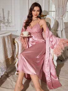 毛茸茸蕾丝拼布仿丝吊带睡袍和睡袍套装