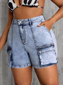 SHEIN SXY Plus Size Women Cargo Pocket Casual Denim Shorts - Blue - View 1