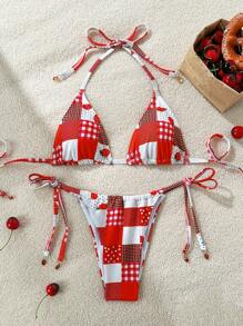 Swim Mod Summer Women's 2pcs Set Plaid Strawberry Print Bikini, Casual Beachwear - Multicolor - View 1
