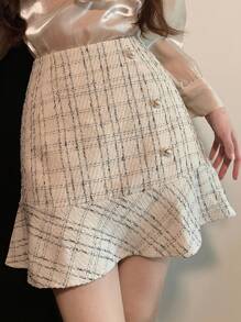 DAZY 女式格纹侧扣荷叶边下摆优雅A字裙秋冬 - 米色 - 查看 3