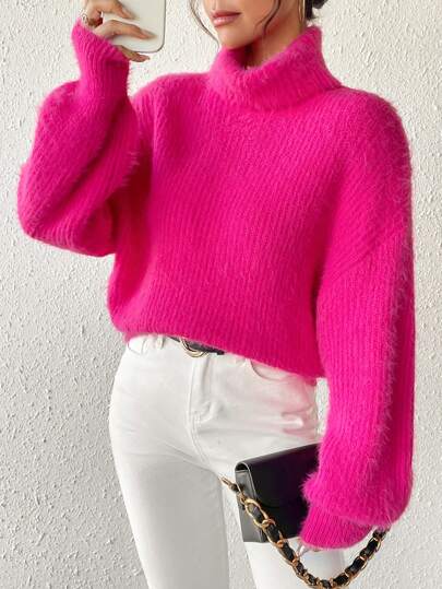 EMERY ROSE Turtleneck Drop Shoulder Fuzzy Sweater,Long Sleeve Tops Knit Pullover Fall Winter Outfit