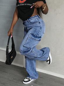 SHEIN Tall Asymmetric Waist Washed Denim Jeans With Cargo Pockets