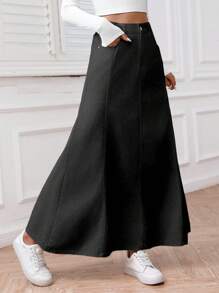 EMERY ROSE 女式纯色前扣口袋休闲牛仔中长裙