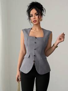 Chiquease Blusa elegante y versátil para mujeres con cuello cuadrado, sin mangas, ajustada a la cintura, de tweed