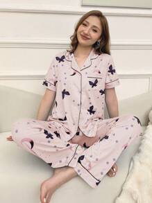 Star & Moon Butterfly Print Lapel Collar Women Pajama Set - Lilac Purple - View 4