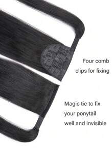 1Pc Clip In Straight 1B 150% Density Real Remy Human Hair Ponytail Extension Remy Hair Wrap Around Hairpiece Beginner Friendly Hair Extensions - Natural Black - View 5