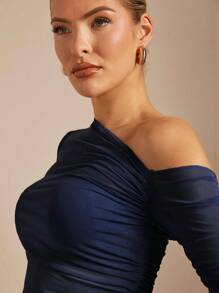 SHEIN BAE Áo thun dài tay cổ bẻ xếp ly màu trơn đơn giản cho nữ, mùa xuân/thu - Màu xanh hải quân - Xem 8