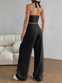 Flirla Petite 2 件套：吊带背心和直腿休闲裤 - 黑色 - 查看 2