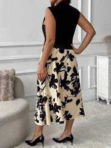 SHEIN LUNE Casual 2pcs Set: Sleeveless Knitted Top + Printed Skirt, Spring/Summer - Multicolor - View 2