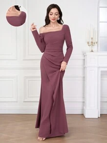 Coutiva 1 stuk dames asymmetrische hals lange mouwen gerimpelde lange feestjurk, mode banket feest oudejaarsavond festival socialite elegante jurk, bruiloft gast jurk, formele jurk, avondjurk