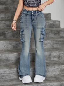 SHEIN Jeans acampanados de carga de unicolor estilo retro Y2K para adolescentes, estilo callejero de otoño para volver a la escuela para niñas - Azul lavado medio - Ver 3