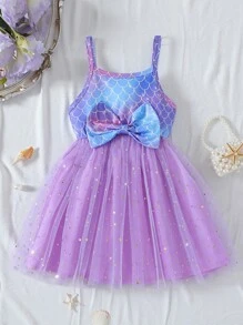 SHEIN Elladie kids 年轻女孩舞会礼服夏季时尚吊带美人鱼礼服，蝴蝶结亮片网眼度假生日公主裙 - 紫色 - 查看 4
