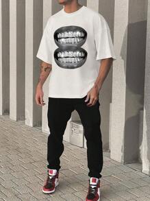 SHEIN 2pcs/Set Teen Boys Casual Streetwear Sports Outfit, White T-Shirt With Graphic Print And Black Jogger Pants