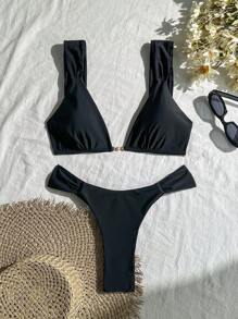 Swim Vcay Summer 2pcs/Set New Faux Pearl Button V-Neck Sexy Strappy Vacation Bikini Swimwear For Women - Black - View 2