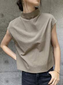 FRIFUL Women's Solid Color Stand Collar Loose Blouse, Casual Daily Wear Turtleneck Women