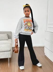 SHEIN Tween Girl Fashion Urban Style Round Neck Long Sleeve Pullover Top And Flared Leg Knit Pants Set - Light Grey - View 5