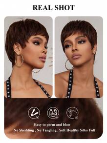 Short Straight Pixie Cut Wig With Bangs Brown Color Daily Use Wig For Women Beginner Friendly Wear&Go Glueless Wig