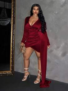 Slaydiva Plus Size Elegant V-Neck Long Sleeve Cinched Waist Dress, Autumn/Winter