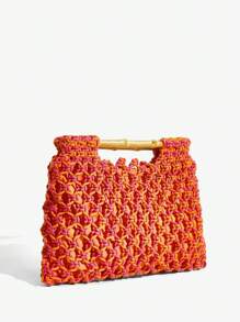 SHEIN SXY 女士手提包，编织包，钩针编织，时尚，优雅，简约，个性化，多功能，木质手柄，适合海滩，度假，假日，夏季 - 彩色 - 查看 4