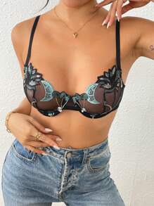 1pc Embroidery Padded Lingerie Brassiere With Underwire For Women