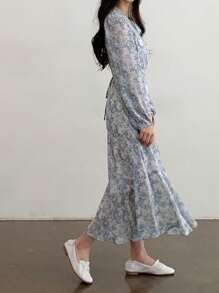 DAZY 优雅法式碎花雪纺修身泡泡袖连衣裙，适合女性，秋季长袖连衣裙，复活节连衣裙 - 藍色 - 查看 9