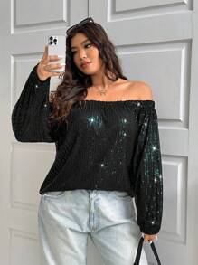 SHEIN EZwear Plus Size Women's Glamorous Loose Off Shoulder Sequin Party T-Shirt - Dark Green - View 1