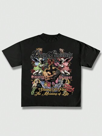 Goth Herren T-Shirt mit Street-Grafik, Buchstaben- und Zahlen-Muster, Rundhalsausschnitt, Kurzarm, Lässig-Kleidung