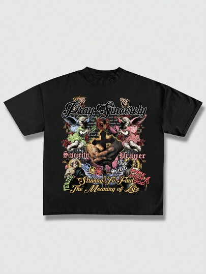 Goth Men's Street Graphic Cross & Angel Print Round Neck Short Sleeve T-Shirt, Casual Wear