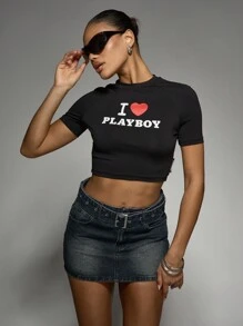 Missguided x Playboy 我爱印花婴儿 T 恤修身短袖上衣俱乐部装节日衬衫 Y2K 时尚必备基本款休闲夏季春季街头风格 - 黑色 - 查看 1
