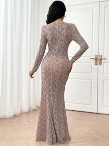 Modelyn Women's Snake Print Round Neck Long Sleeve Arabic Style Dress With Waist Ruching And Fish Tail Hem Long Evening Dresses - Apricot - View 2