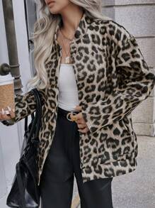 女士秋季休闲豹纹常规夹克 - 黑色 - 查看 4