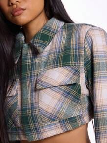 MUSERA Plaid Boxy Cropped Collared Long Sleeve Jacket Clothes - Multicolor - View 5