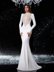 Glamrae Vestido elegante de noche de corte sirena de ajuste ceñido, decorado con cristales de rhinestones y perlas, adecuado para eventos y fiestas formales - Blanco - Ver 4