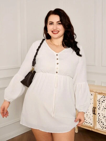 SHEIN Plus Size Women's Casual Fashion Button V-Neck Long Sleeve Pom Pom Jacquard Knit Dress, Family Matching Outfits (2 Pieces Sold Separately)