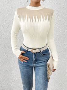SHEIN Essnce Women Solid Color Sheer Stand Collar Fitted Knit Sweater, Versatile Long Sleeve Pullover For Spring Autumn - White - View 3