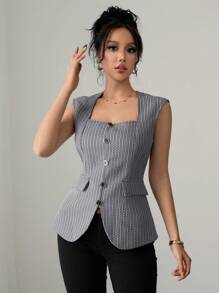Chiquease Blusa elegante y versátil para mujeres con cuello cuadrado, sin mangas, ajustada a la cintura, de tweed
