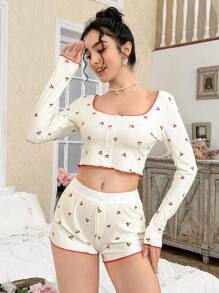 CottageSlumber Ins 樱桃图案撞色女式睡衣套装