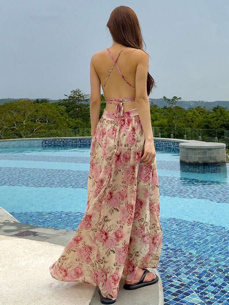 Elegant Floral Print Flowy Maxi Chiffon Dress For Women, Resort Style Sundress Vacation Outfits Women Cruise Outfit For Women Boho
