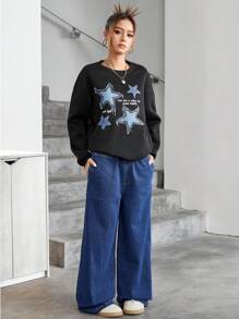 SHEIN 2pcs/Set Teenager Girls' Round Neck Long Sleeve Printed Minimal Top And Long Pants Outfit - Dark Wash - View 6