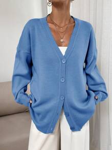 EURMUSE Drop Shoulder Cardigan With Buttons On The Top - Blue - View 3