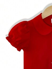 SHEIN Elladie kids Young Girl Plain Color Short Puff Sleeve Single Breasted Casual Shirt Summer Holiday - Red - View 3