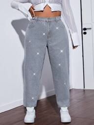 SHEIN ICON Jeans casual versatili e capienti con paillettes e strass a forma di cono, per donne di taglia più grande