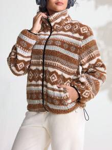 Easithlete Easithlete Women Autumn/Winter Geometric Pattern Sherpa Zip Front Outdoor Jacket - Brown - View 6