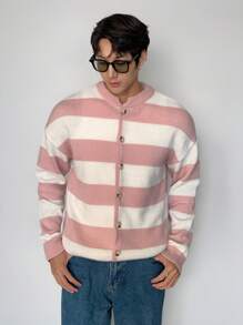 Manfinity CasualKnits Men's Striped Button Front Cardigan, Casual Simple Fashion For Everyday Wear - Apricot - View 3