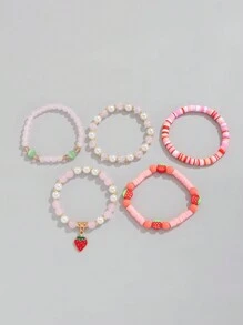 ROMWE Kawaii 5 件时尚草莓吊坠水晶串珠手链套装，甜美可爱，适合女性，适合朋友和情人节礼物、妈妈、母亲、母亲节、礼物 - 淺粉色 - 查看 5