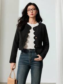 EastFlair Women Casual Solid Color Shell Trim Cropped Jacket, For Autumn - Black - View 1