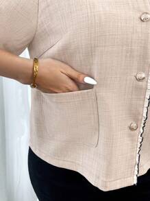 SHEIN Frenchy Plus Size Elegant Floral Splice Casual Long Sleeve Jacket, Suitable For Office Commute And Daily Wear,Summer Women Tops Fall/Winter - Khaki - View 7