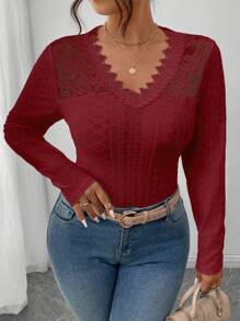 SHEIN Frenchy White V-Neck Lace Patchwork Long Sleeve T-Shirt, Suitable For Layering In Autumn/Winter - Red - View 3