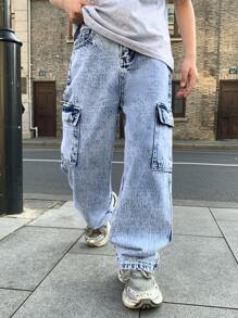 SHEIN 青少年男孩休闲时尚柔软舒适混合酷炫黑色底色简约工装口袋设计牛仔裤，适合日常穿着和返校男孩秋装 - 藍色 - 查看 4