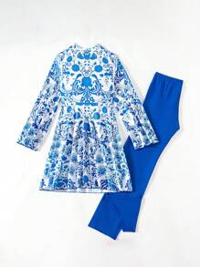 Swim Mulvari 2 Pieces Women Blue Floral Print Comfort Cut + Blue Wide Leg Swimsuit Burkini SetArabic Clothing For Summer Beach Vacation